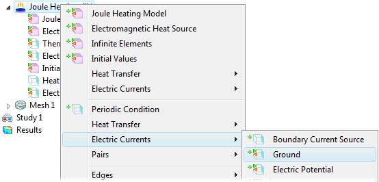 In the Model Builder, right-click the Joule Heating node. In the boundary section of the context menu, select Electric Currents>Ground.