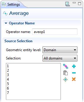 Right-click Definitions and select Model Couplings>Average. In the Settings window, select All domains in the Selection list. This creates an operator called aveop1.