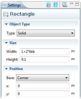 In the Model Builder>Work Plane 1, right-click Geometry and select Rectangle. Type L+2*tbb in the Width edit field and 0.1 in the Height edit field.