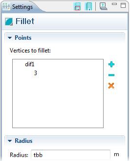 Continue by rounding the corners using fillets. In the Model Builder>Work Plane 1, right-click Geometry and select Fillet.
