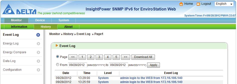 Chapter 5 : InsightPower SNMP IPv6 for EnviroStation Web Energy Log Go to Monitor History Energy