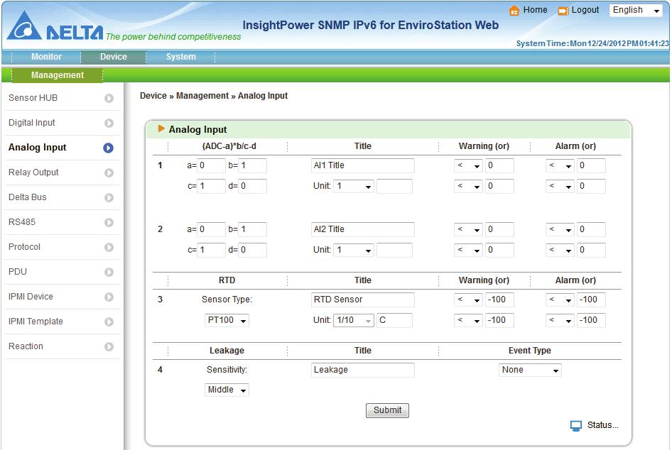 Chapter 5 : InsightPower SNMP IPv6 for EnviroStation Web Analog Input Formula: AI (Analog Input) 1 and AI2 are designed for general Analog In-puts, each can be connected to a voltage (0~10Vdc) or