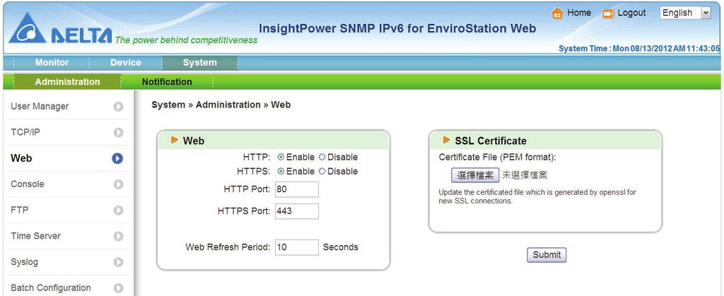 IPv6 (TCP/ IP Settings for IPv6) 1) DHCP Client: Enable/ disable DHCP. If enabled, DHCP server automatically assigns an IP address to the EnviroStation. 2) IP Address: The IPv6 address.