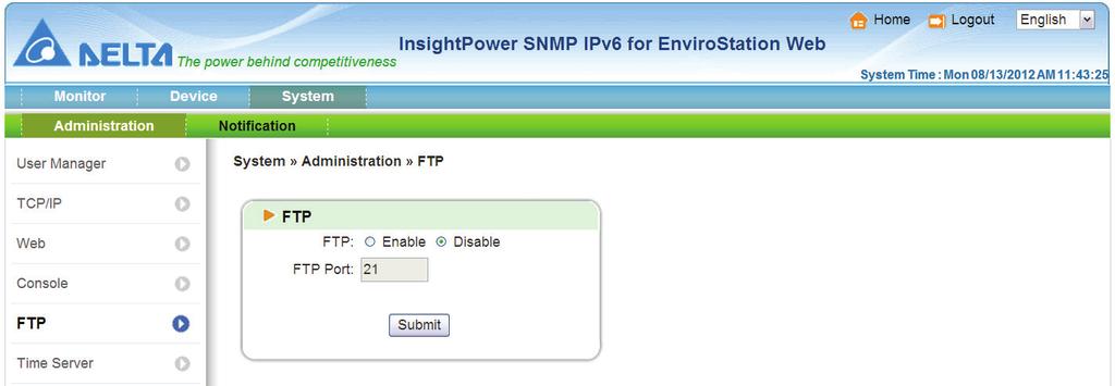 Chapter 5 : InsightPower SNMP IPv6 for EnviroStation Web FTP This allows you to enable/ disable FTP