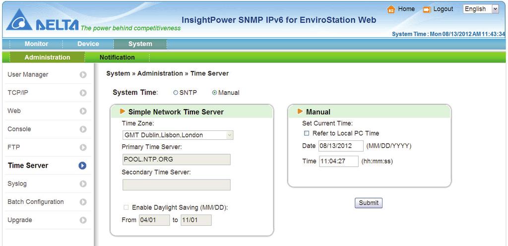 Time Server You can manually set the time and date, or enable automatic time synchronization with SNTP servers.
