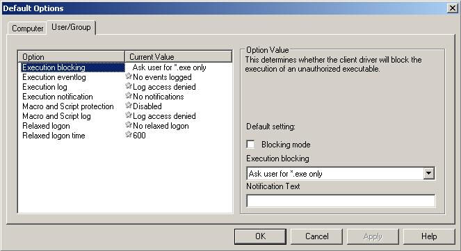 Ivanti Device and Application Control User/Group Tab The User/Group tab shows the user and user group default options that govern how clients interact with the Application Server.