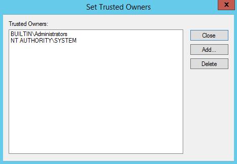 Ivanti Device and Application Control 2. Click Trusted Owners. Step Result: The Set Trusted Owners dialog opens. Figure 82: Set Trusted Owners Dialog 3.