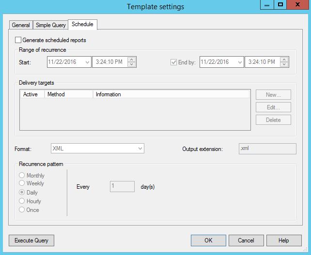 Using Modules Schedule Tab The Schedule tab is displayed by default when the Template settings dialog opens and is used scheduling report generation.