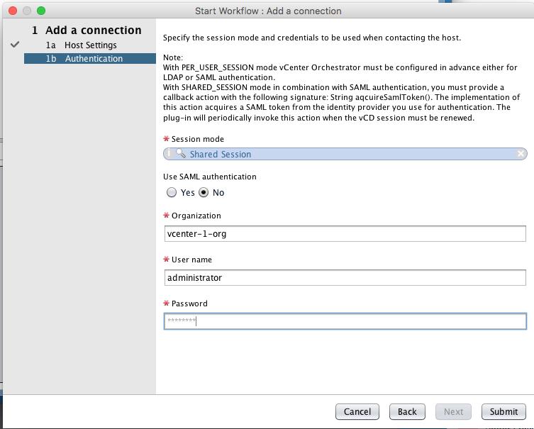 Figure 30. Add a Connection Authentication Settings Figure 31. vcloud Director Server Connection Shown in vrealize Orchestrator Inventory 6.4.