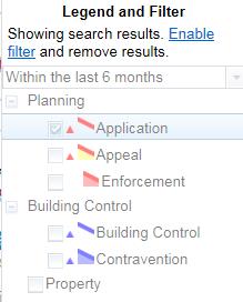 MAP FILTERS Click on Enable Filter Select what you want to search for- Planning Applications shown as red, non-shaded polygon Appeals shown as red, yellow shaded polygon Enforcements