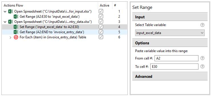 C5:A2 == A2:C5 D37:H27 == D27:H37 Set Range This action gets values from a Table variable and copies them to cells of a defined spreadsheet range on an active sheet.