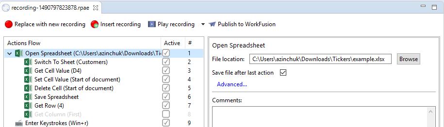 File location path to the spreadsheet that will be opened. You can type the path or click the Browse button and browse to it in file explorer.