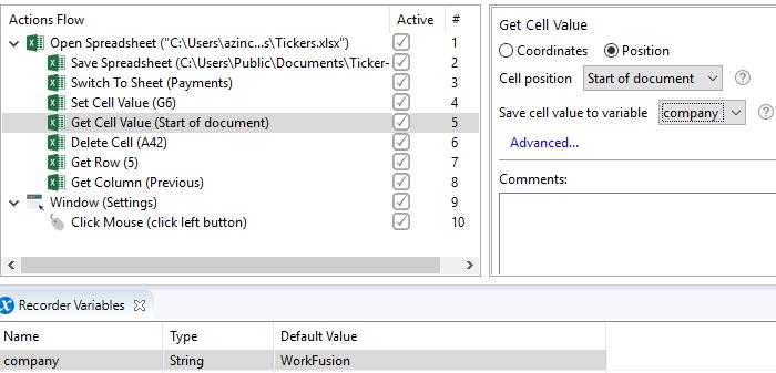 Get Cell Value This action gets value of a specific cell and sets it to a variable for