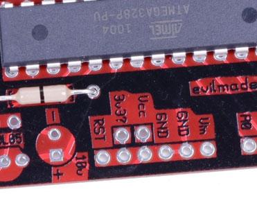 * USBV jumper: Adding this wire jumper connects the USB 5V line to Vcc, providing power from USB to your circuit.