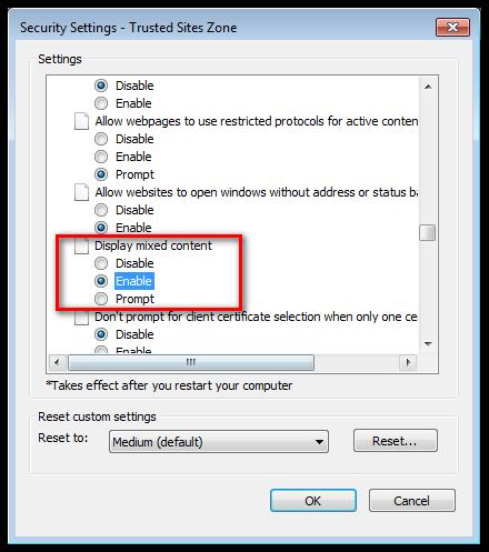 Figure 22 9.1.h. Hit Apply in the Internet Options window to make your selection active. 9.1.i. Hit OK to close the Internet Options window. 9.2. Mixed content settings in Mozilla Firefox: 9.