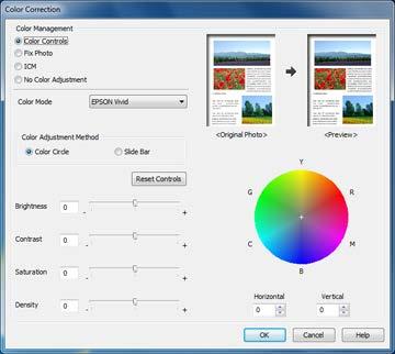 Color Controls Lets you select a Color Mode setting, individual settings for Brightness, Contrast, Saturation, and Density, and individual color tones.