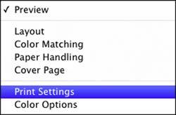 7. Select any application-specific settings that appear on the screen, such as those shown in the image above for the Preview application. 8. Select Print Settings from the pop-up menu.