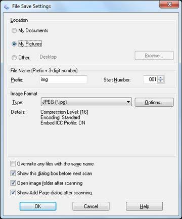 Parent topic: Selecting Epson Scan Settings Selecting Scan File Settings You can select the location, name, and format of your scan file on the File Save Settings window.