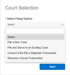 Subsequent Filings To file a Subsequent Filing 1. Click on the E-Filing & E- Service Tab on the Homepage. 2. Under the Court Selection options, choose the Filing Option File and Serve in an Existing.