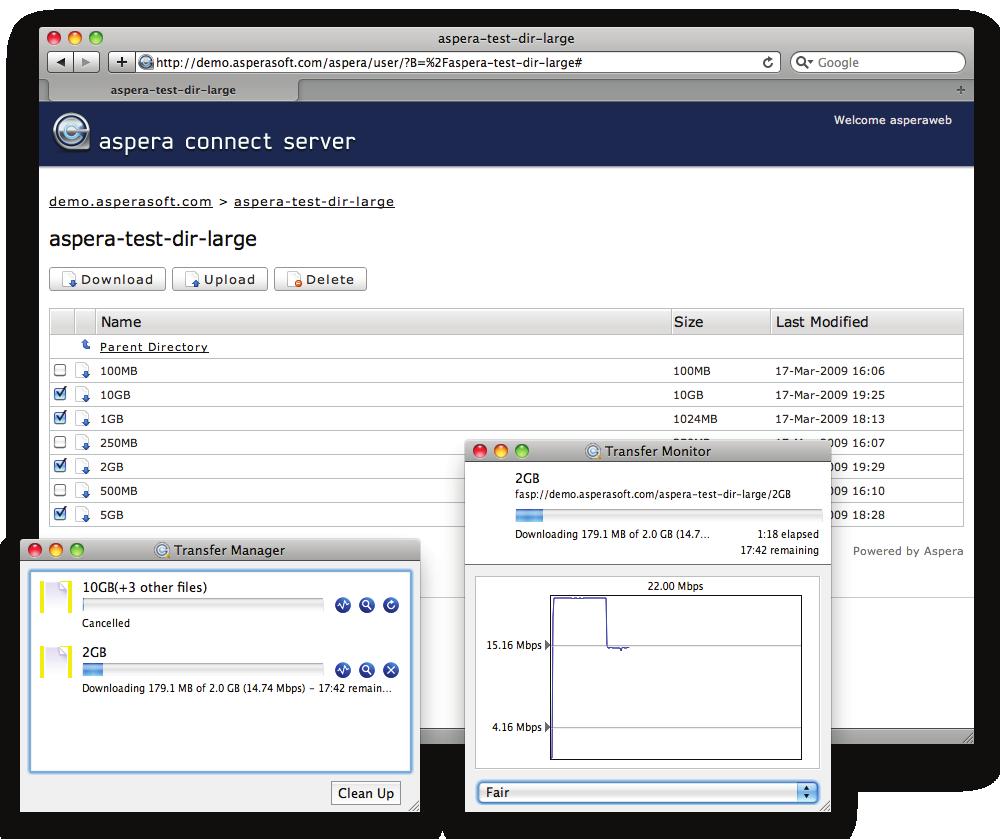 Aspera Connect Server Universal file transfer server for browsers and web applications AT A GLANCE Key Features Supports Connect Web Browser Plugin and enables web-based transfers for Aspera web