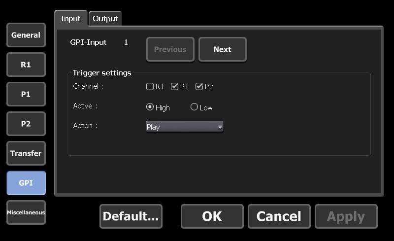 4. Set GPI Input (GPI only) Tap [Config] > [GPI] > [Input] tabs. PLAY both P1 and P2 with GPI Input 1 Set [GPI-Input 1], check [P1] and [P2] in the Channel section.