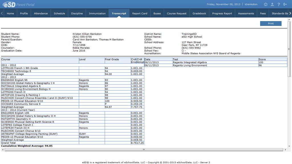 Transcript Tab Click on the Transcript tab to view the student s transcript. Click Print to print an unofficial Transcript directly from this screen.