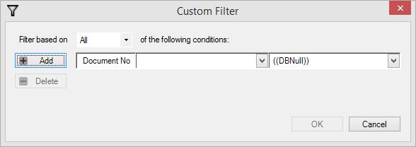 (All) is equal to no filtering. (Custom) opens the Custom Filter window, where the user can add conditions for filtering.