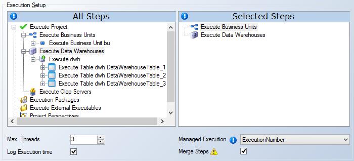 Example 5 In this example, all tasks from Execute Business Units and Execute Data Warehouses are collected in a single list and executed in parallel using a maximum of 3 threads.
