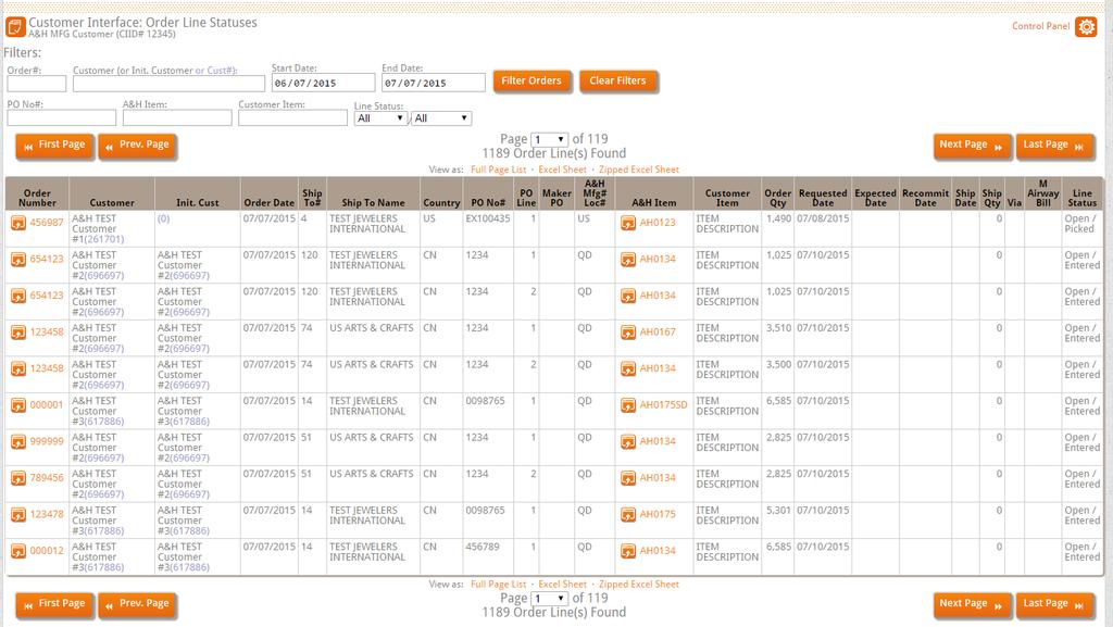 Order Line Status The Order Line Status page allows you to check the status of each item in a PO that has been called out.
