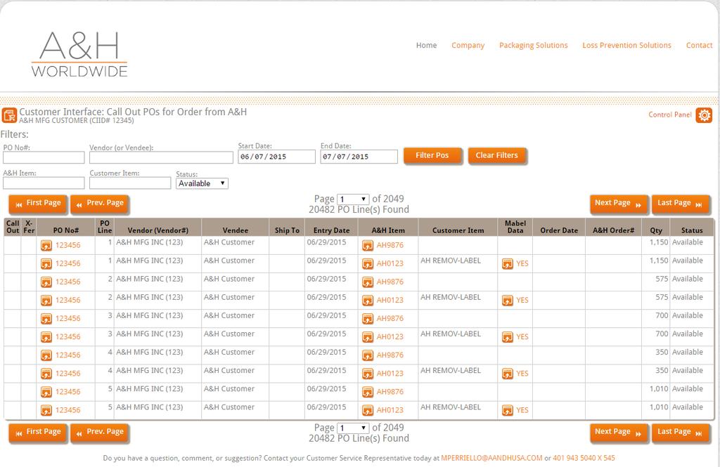 New page to view PO's: From the Callout PO page, you can view and filter your POs by Item #, vendor, PO #, Status, and Date.