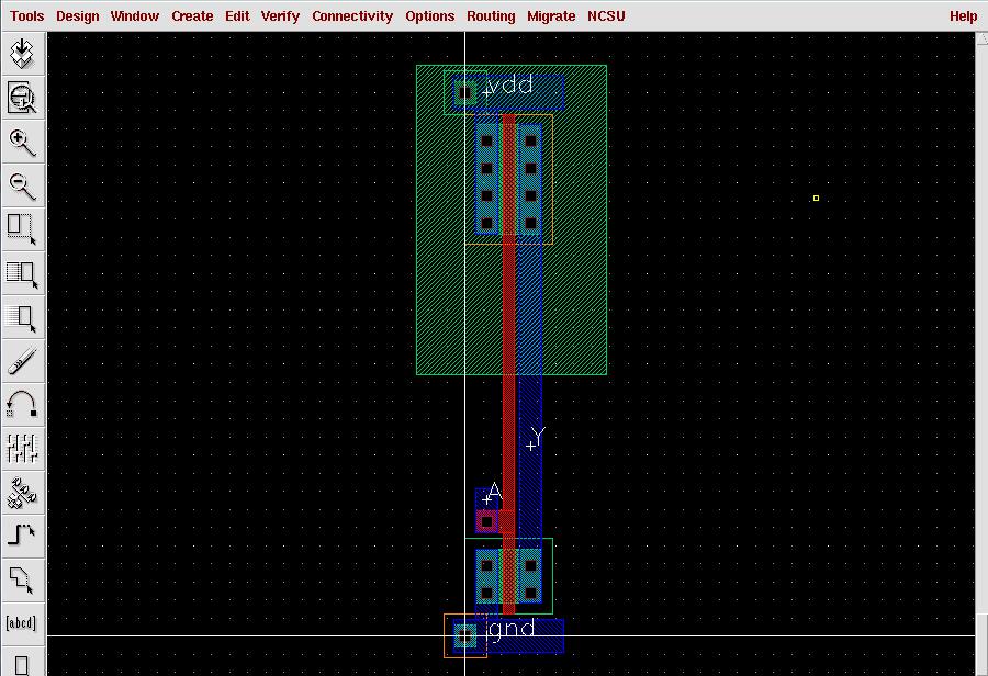 Figure 8: Final layout design of an inverter 4) Running DRC (Design Rule Checker) 4.