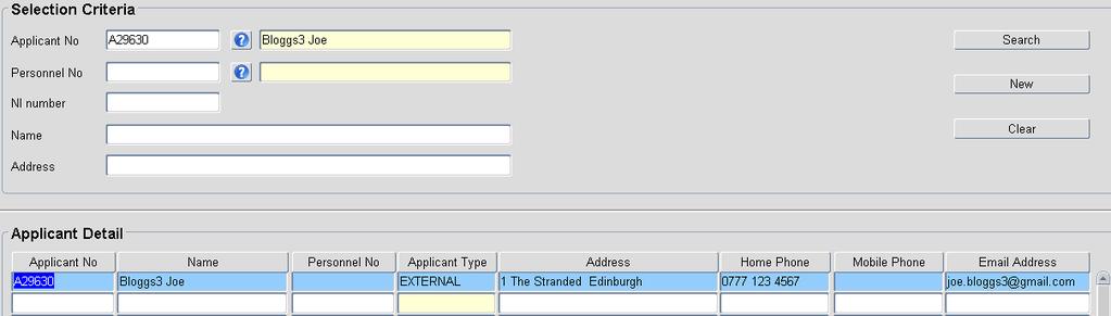 in the Name field. You now need to click on the Search button, which will bring up the applicant details.
