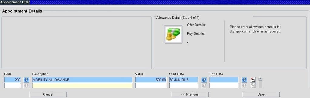 To add an allowance, click the icon This will open up a list for you to choose an allowance type In this example, Mobility Allowance