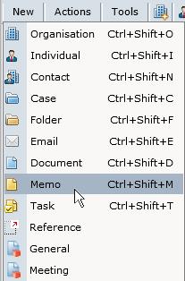 User Guide 4.6 Memos 4.6.1 Create a memo 1. Select an item under which you wish to save the Memo, Place the cursor on New in the menu and select Memo. 2. A new Memo is displayed. 3.