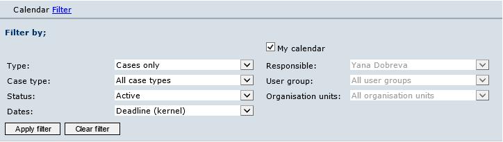 The Calendar Filter view is displayed with different filtering criteria. Filter by options: Type - The type of record to filter by. Case type - The case type if the record selected is case.