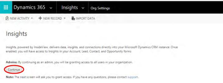 2. On the Insights, powered by InsideView screen, click Continue to enable OAuth for all users in an organization.