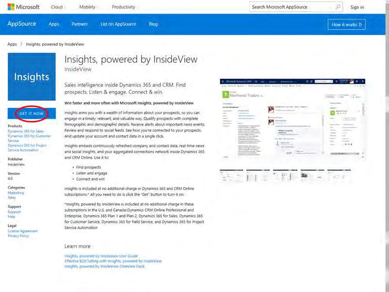 5. On the AppSource page, select the Insights, powered by InsideView 4.