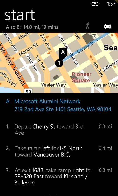 .. while viewing a map, and then tap results list. Getting directions Get detailed directions to your destination. Bing Maps can provide directions for travel by foot or car.