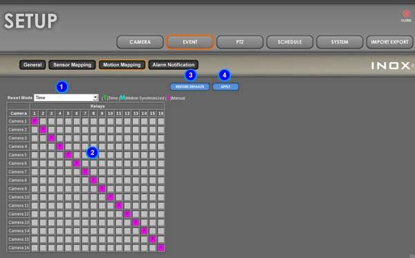 Motion Mapping Map Camera Motion 1. To map the cameras to relays, click on the grid to place a mapping.