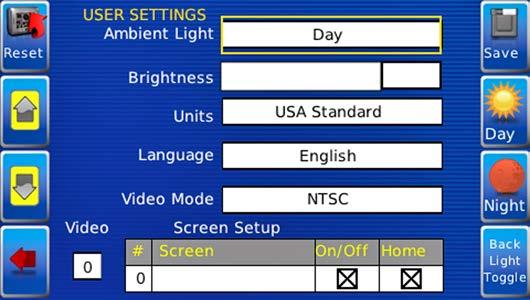 User Settings User Settings provides options to specify viewing preferences for the HV450 Display. Pressing yellow Up and Down arrows navigates through the options.