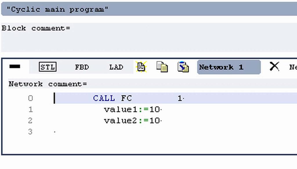WinPLC7 Example project engineering > Test the PLC program in the Simulator 4. Type in "Call FC 1" and press the [Return] key.