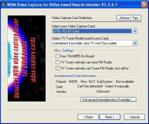 Choose "RS BT Card" as Video capture Card