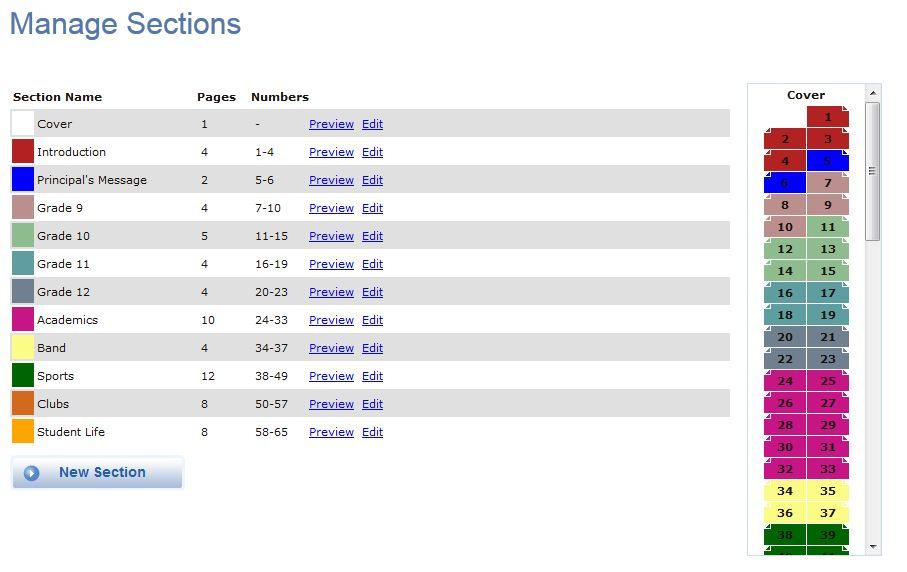 4 Manage Sections On the Manage Sections page, you can use a yearbook planning ladder to set up and organize the yearbook, create and arrange individual sections, and assign sections to different