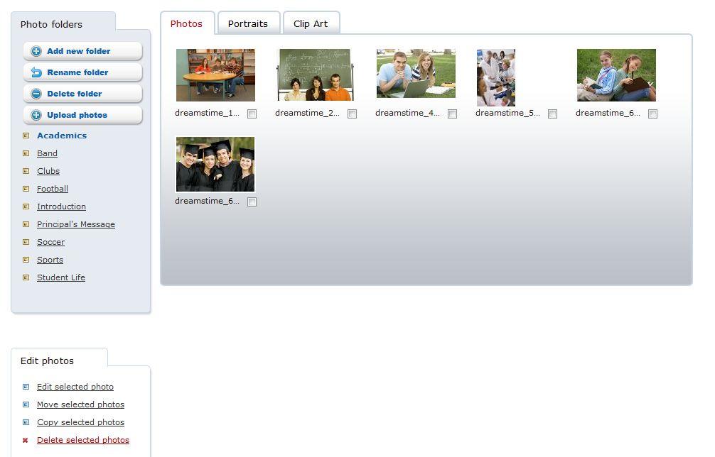 5 Manage Photos On the Manage Photos page you can add and organize photos and clip art for your yearbook.