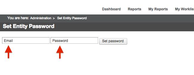 5.2.8 Background Jobs To set the password for an entity: 1. Enter the unique email address for the entity you want to set the password for. 2. Enter the new password. 3.