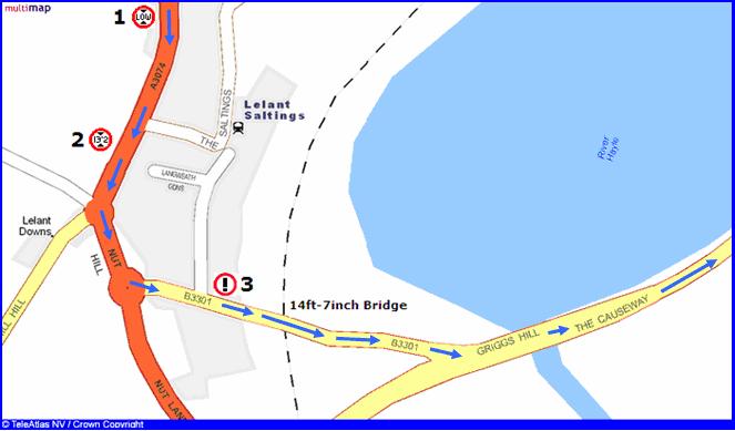 You follow the route that the Autoroute has planned (shown by the BLUE arrows) You are 2km from the Bridge at Point 1 you hear and see the POI alert for the All_Low_Bridges_Data POI This warning