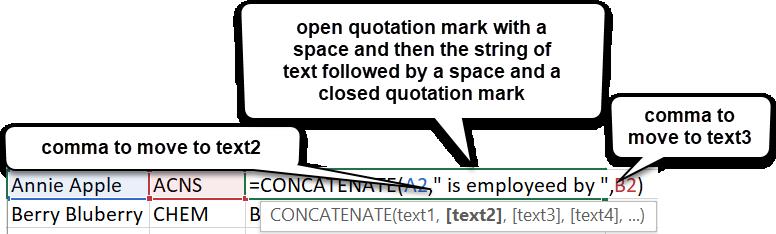 Concatenate Concatenation combines the content of cells, or manually entered data, into a single cell.