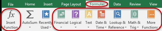 Formulas tab All Excel functions are located on the Formulas tab. On the Formulas tab, functions are separated into several categories; text, financial, Math, etc.