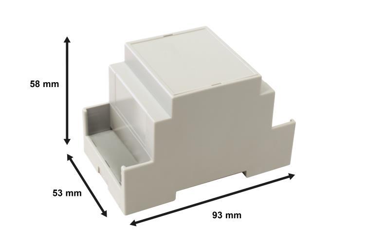 5. Mechanical and electrical features Enclosure Plastic, type PC (UL 94 V-0) Net dimensions (dxwxh): 93 x 53 x 58 mm / 3.7 x 2.1 x 2.3 Color: Light Grey.