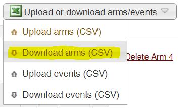 Upload Arms/Events You can also add new arms to the project or update the arm name of any existing arms by uploading a CSV file with a new arms configuration.